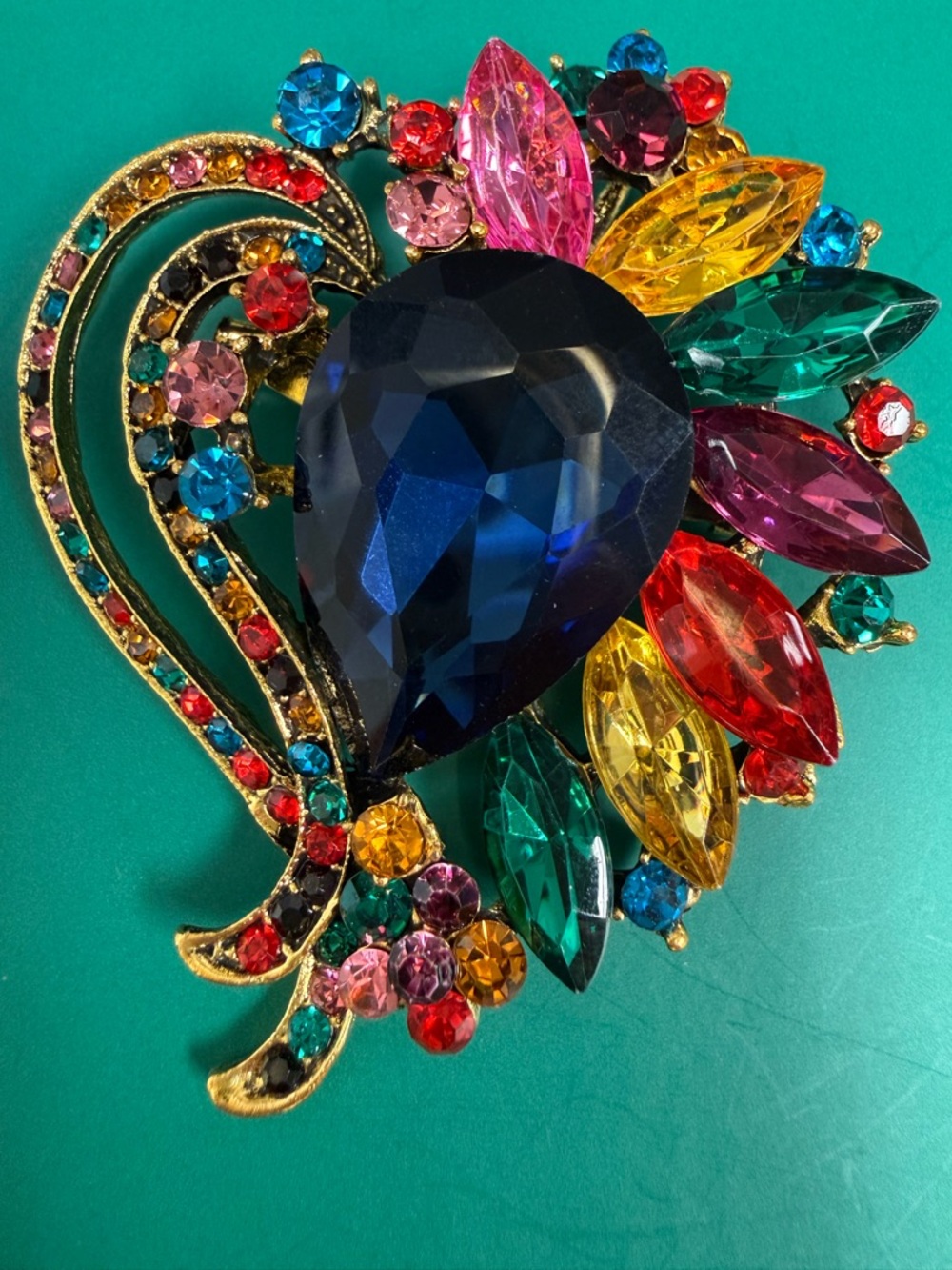Multicolor Crystal Rhinestone Heart Brooch or Pendent with Deep Blue Center